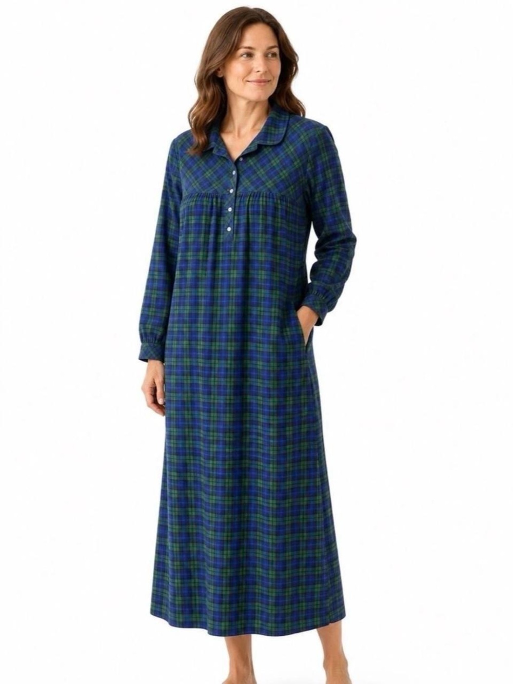 VTG L.L. Bean Plaid Flannel Nightgown Pajama Blue Green Tartan Cotton Sz S